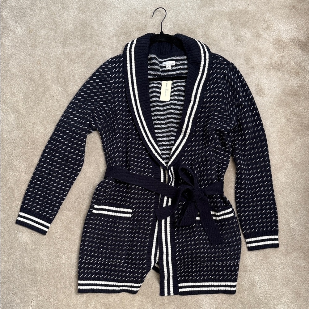 L.L. Bean Navy and White Women's Cardigan with Belt